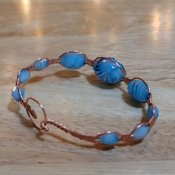 Handmade Baby Blue Glass Bead Copper Wire Bracelet (Upcycled Beads) - Picture 8 of 8